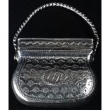 A George IV silver novelty vinaigrette, as a purse, bright-cut and wriggle-work engraved,