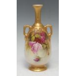 A Royal Worcester two handled vase, long flared gilt neck, painted by John Flexman, signed, with red