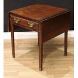 A 19th century oak vernacular dropleaf table, rectangular top above a frieze drawer, brass bat