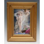 A 19th century German rectangular plaque, painted with a naked beauty looking at her reflection in a