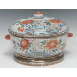A 18th century Chinese two handled tureen and cover, decorated in polychrome with lotus, foliage and