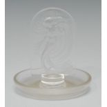 A contemporary Lalique Naiade pattern crystal ring dish, with arched plaque with mermaid, 11.5cm