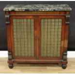 A Regency rosewood and brass marquetry library pier cabinet, probably Gillow of Lancaster, marble