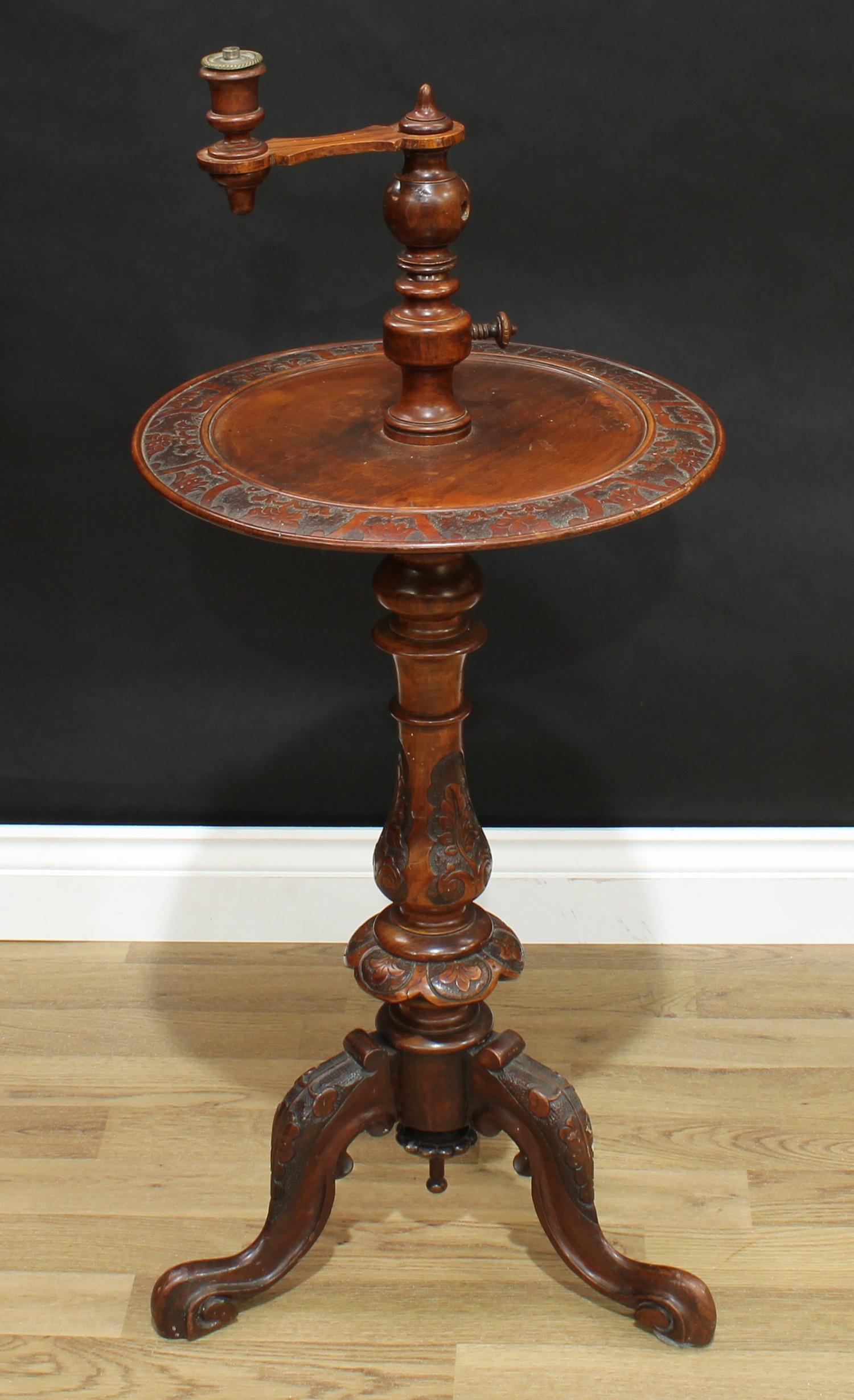 A Victorian walnut combination table and adjustable lamp, the sconce set on telescopic pillar, - Bild 3 aus 3