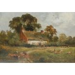 David Payne (1843-1894) Thatched Cottage, with children playing in the pond signed, oil on board,