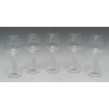 A set of five American Cambridge Glass Company wine goblets, each with frosted cherub figural stems,