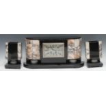 An Art Deco French marble three piece clock garniture, rectangular dial inscribed with stylised