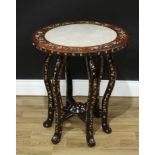 A Chinese hardwood and mother-of-pearl marquetry circular occasional table, moulded top with inset