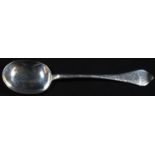 A Queen Anne Provincial Britannia silver Dog Nose pattern spoon, 19cm long, Chester c.1705