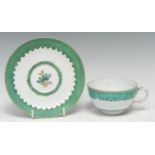 A rare Bow pineapple moulded teacup and saucer, green border, dagger and anchor mark, Frank Wheeldon