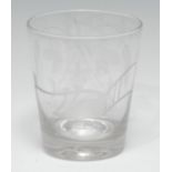 A George III glass tumbler, gently tapering, engraved with a farmer's plough below the initials W/