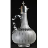 A Victorian silver mounted etched glass mallet shaped claret jug, hinged domed cover with knop