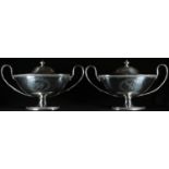 A pair of George III silver oval pedestal sauce tureens, domed covers with urnular finials, reeded