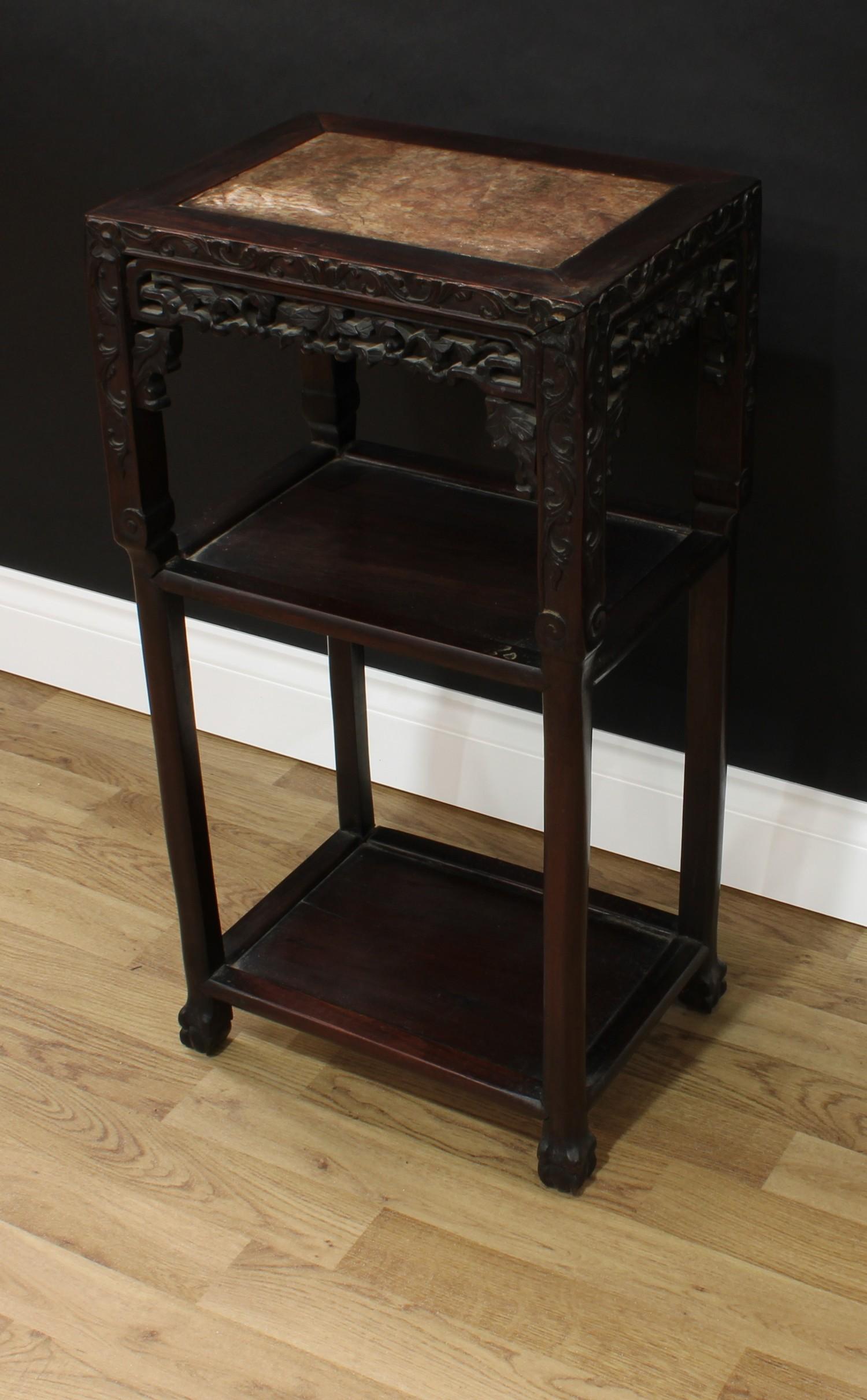 A 19th century Chinese hardwood rectangular vase stand, the top with inset soapstone panel above two - Image 2 of 2