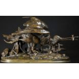 After Jules Moigniez, a dark patinated bronze, a reeve, catching a fish, oval base, 18cm long