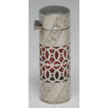 An Edwardian silver-mounted ruby glass scent bottle, the silver cage reticulated and chased with