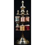 Sewing - a 19th century cast brass seamstress's pedestal cotton reel stand, acorn finial above two