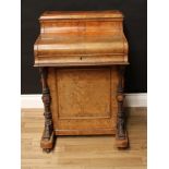 A Victorian burr walnut piano-top Davenport desk, 'pop-up' superstructure fitted for stationery, the