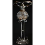 A late Victorian E.P.N.S table oil lamp, adjustable burner, The Wizard, hobnail-cut clear glass