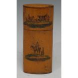 A 19th century gentleman's birch rounded cigar case and cover, decorated with a fox hunting scene,
