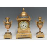 A 19th century gilt metal and champleve clock garniture, the 9cm ivorine dial with Arabic