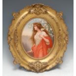 A fine KPM German oval plaque, painted by Wagner, with Marguerite, the beauty stands with flowing
