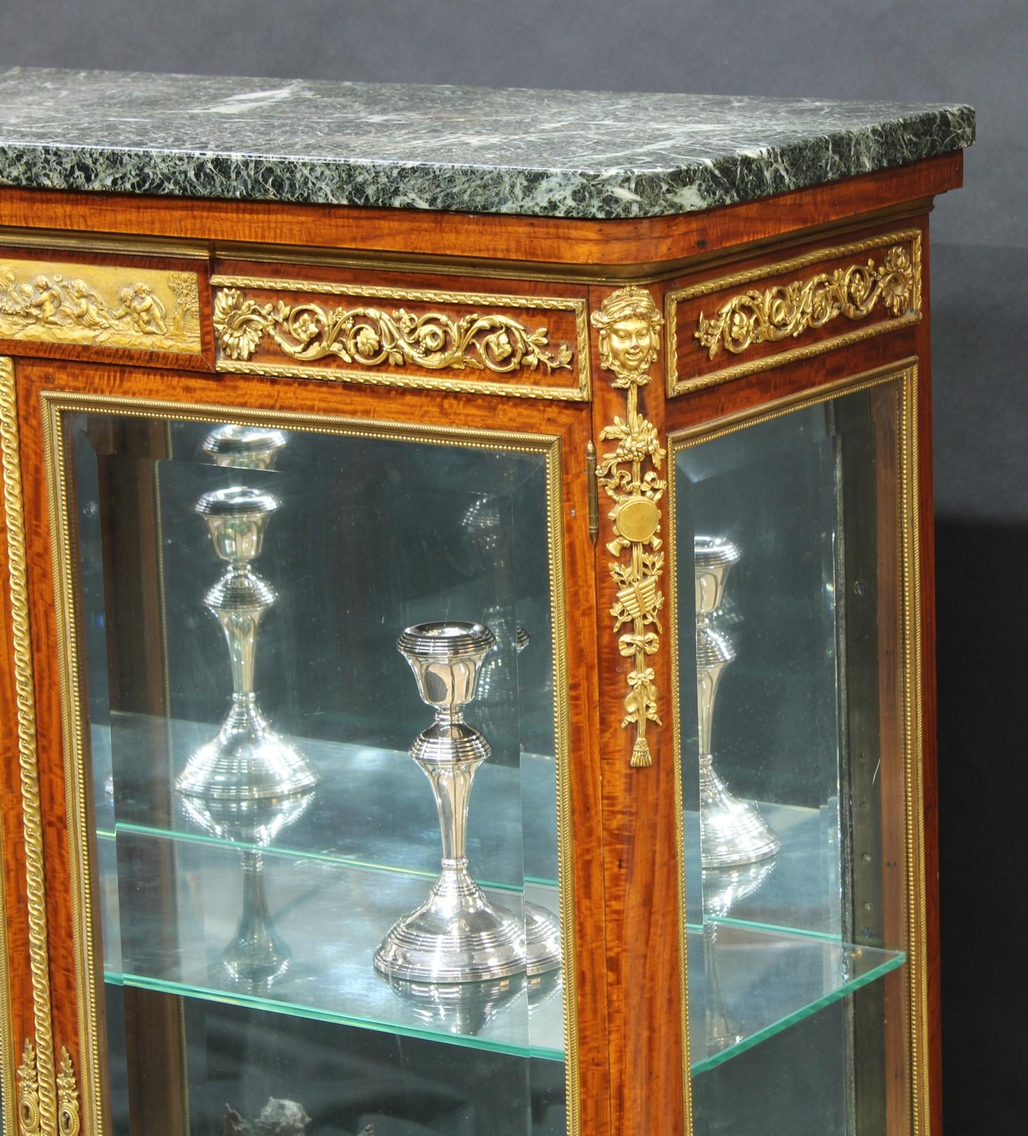 A Louis XVI Revival gilt metal mounted satinwood vitrine, marble top above a deep frieze centred - Image 3 of 3