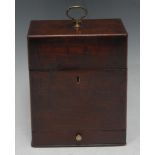 A George III mahogany apothecary box, hinged cover with brass axehead handle, enclosing an