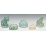 A Langley Ware stylised rabbit, mint glaze, 11cm high, Oakes period; others, polar bear; fox;