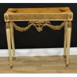 A Louis XVI style painted and parcel-gilt pier table, of small proportions, swags to apron, turned