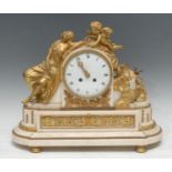 A 19th century French ormolu and marble figural clock, 12cm white dial with Roman numerals, twin