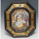 An Italian porcelain canted rectangular plaque, moulded in relief and painted in polychrome with The