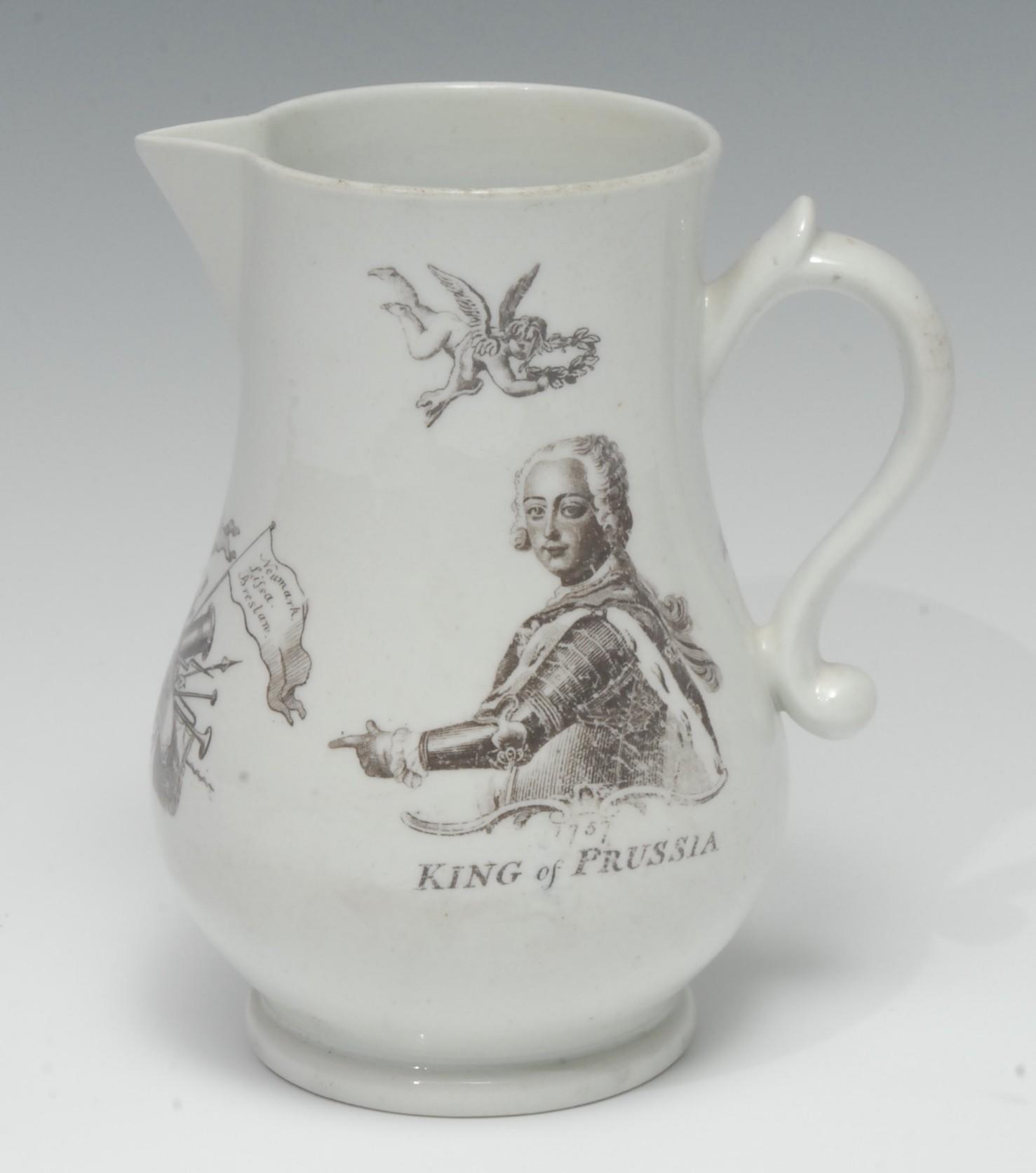 A Worcester King of Prussia bulbous jug, printed in monochrome with an engraving after Robert