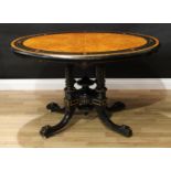 A Victorian burr walnut ebonised and marquetry oval breakfast table, tilting top with matched