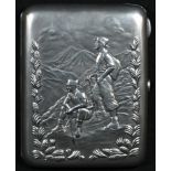 A Russian silver rounded rectangular cigar case, hinged cover chased with mountaineers, gilt