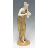 A Royal Worcester figure, of a classical maiden playing pipes, she stands, dressed in a long flowing