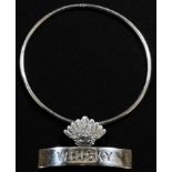 George V silver bottle collar wine label, Whisky, the curved banner crested by a coronet, 8cm