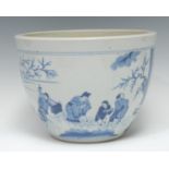 A Chinese circular jardinière, painted in underglaze blue with a family travelling through a