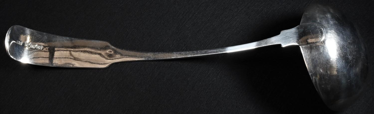 A George III Irish silver Oar pattern soup ladle, 35cm long, John Power, Dublin 1806, 6.75oz - Image 2 of 2