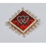 A late Victorian diamond, enamel and pearl cushion brooch, the square panel red guilloche enameled