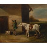 English School (19th century) Back From a Days Sport, Gentleman with Gun, Horse and Dogs oil on