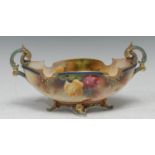 A Royal Worcester two handled boat shaped vase, with red and yellow roses, acanthus leaf scroll