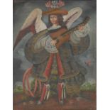Colonial Cusco School (Peru) Saint Gabriel Playing a Guitar oil on canvas, 39cm x 30cm
