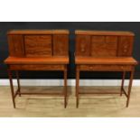A pair of Edwardian Sheraton Revival mahogany bonheur du jours, each with rectangular superstructure