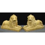 A pair of substantial Scottish stoneware architectural models, of recumbent lions, by Robert Brown &