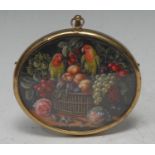 Barbara Valentine, a miniature, Parrots on a Basket of Fruit, signed with monogram, label to