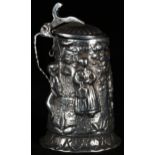 A Continental silver miniature toy tankard, in relief with figures in Renaissance dress, hinged