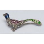 An enameled emerald, ruby and seed pearl pheasant brooch, blue enameled head, pave encrusted body,