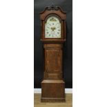 A George III oak mahogany crossbanded oak longcase clock, 33.5cm arched painted dial inscribed