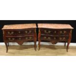 A pair of Louis XV Revival gilt metal mounted rosewood bombe-shaped commodes, each with marble top